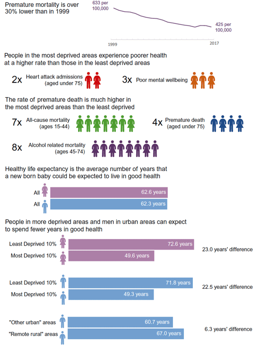 Infographic that summarises premature mortality over time, as well as by deprivation, gender and by urban/rural areas. 